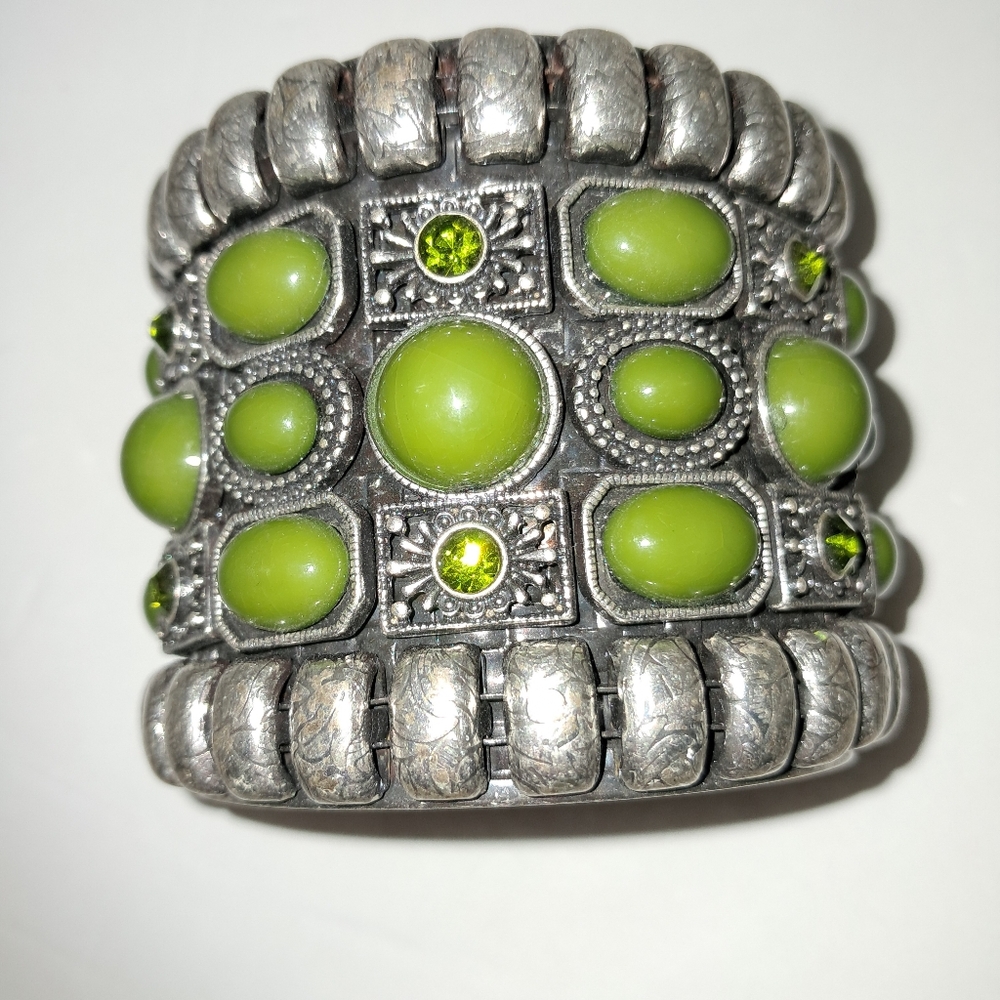 Boho Chunky Lime Green Cabochon and Rhinestone Cuff Bracelet
